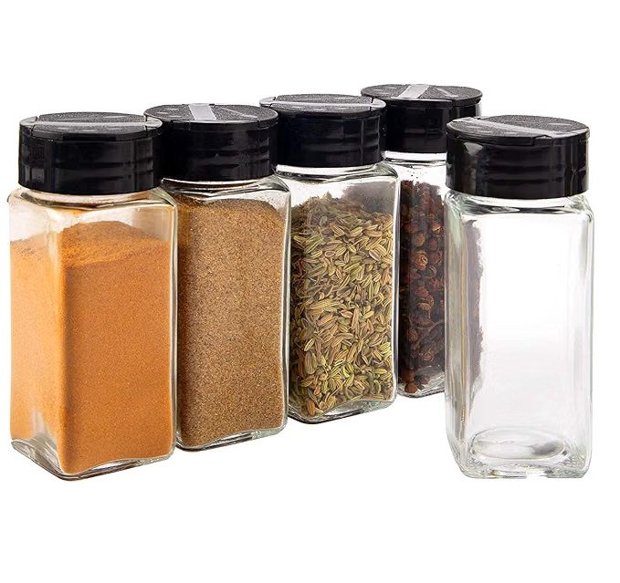 Vasukie glass spice jar set with four 120ml square containers and black sifter caps