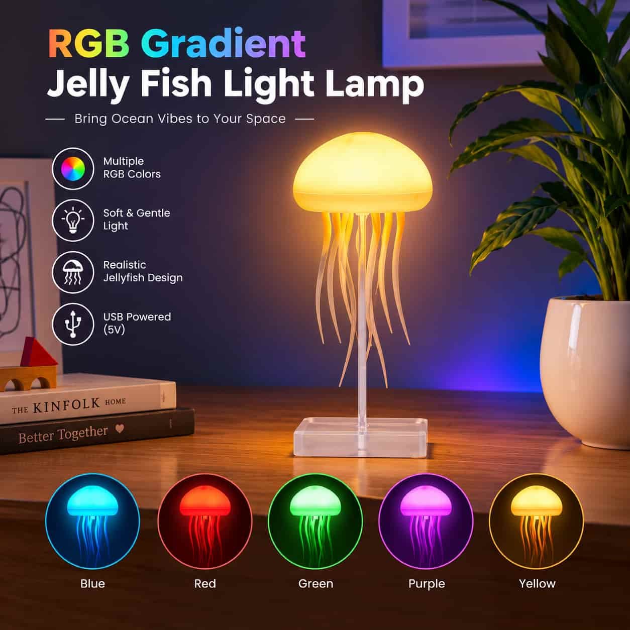 A glowing RGB jellyfish night lamp with silicone tentacles placed on a wooden desk, surrounded by color-mode insets