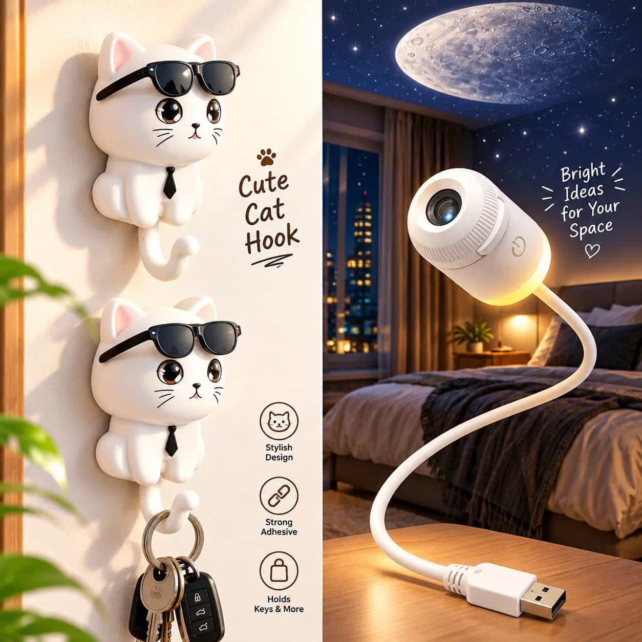 A white USB galaxy projector plugged in and projecting a starry sky and moon onto a dark bedroom ceiling.