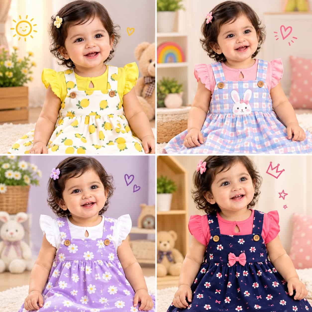 A cute 100% cotton knee length dress for baby girls featuring a sleeveless A-line design and all-over prints.