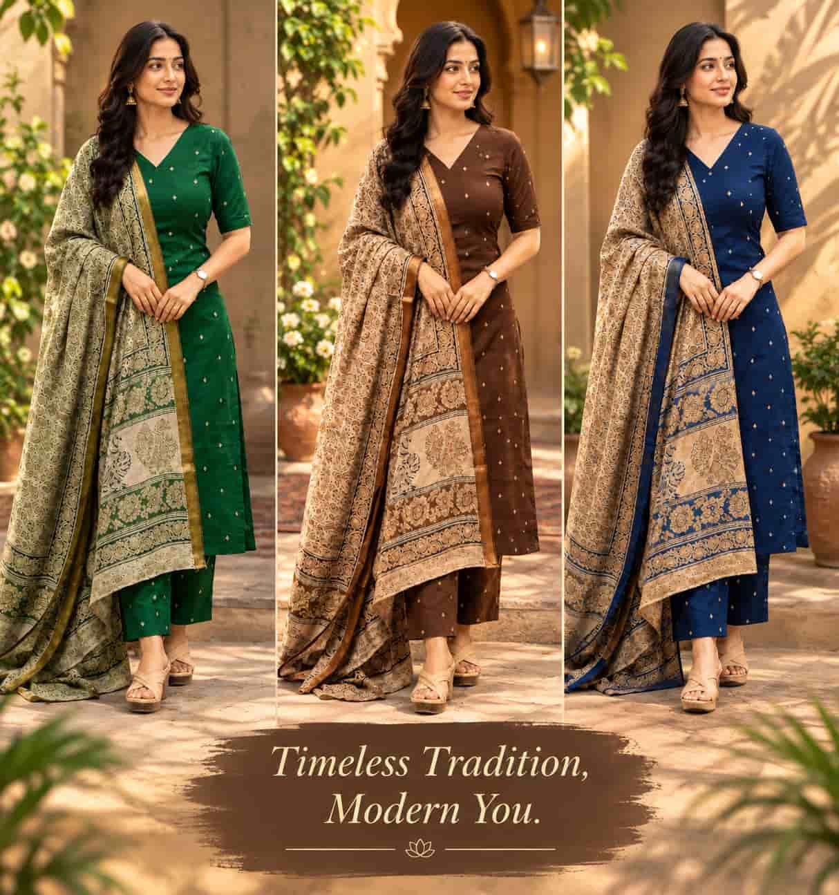 A woman modeling a teal blue 3 piece viscose kurta set with small printed motifs and a matching patterned dupatta.