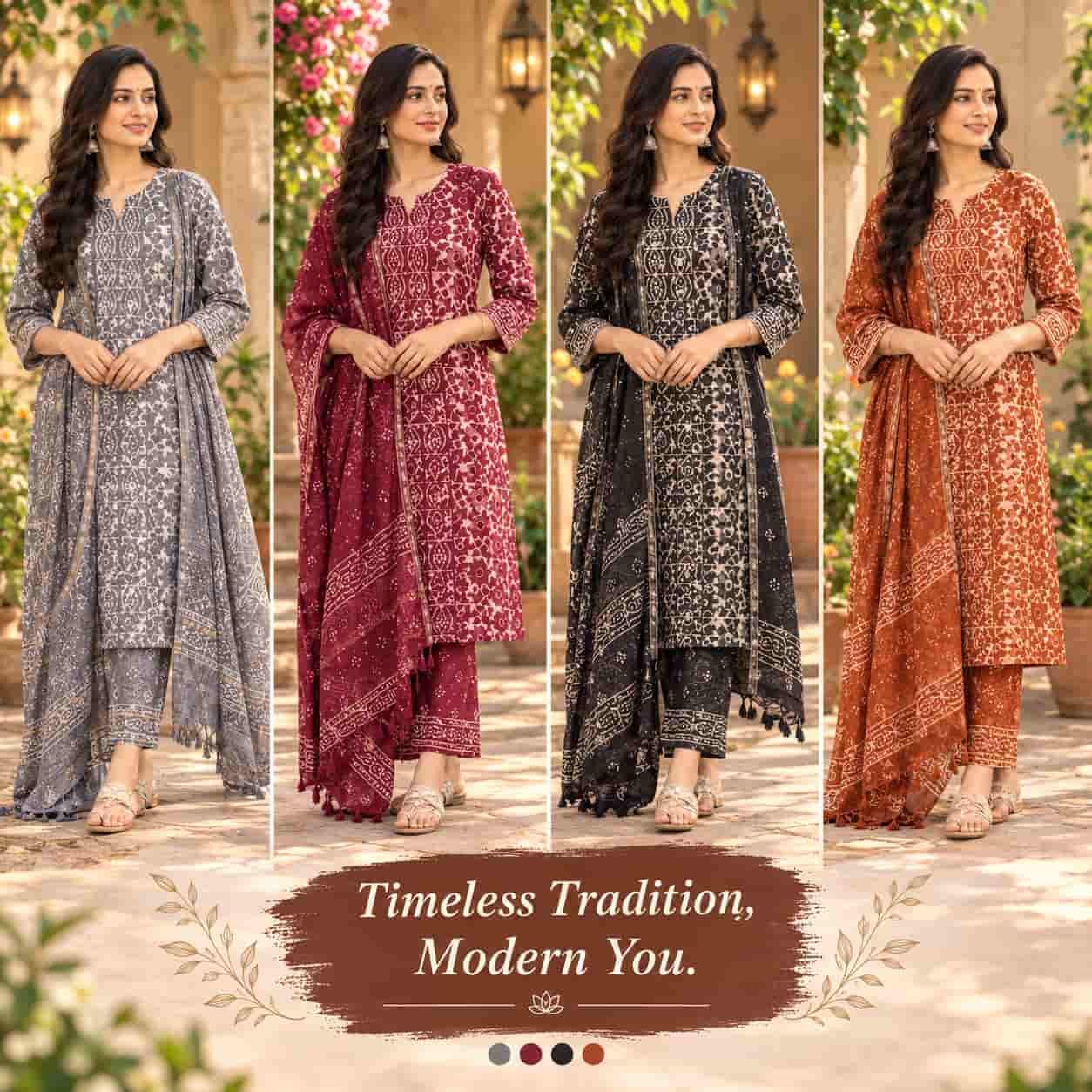 A woman wearing a beautifully printed straight kurta set with matching pants and dupatta.