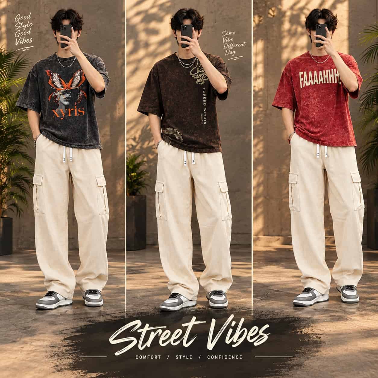 Men's beige ribbed casual cargo joggers with utility pockets.