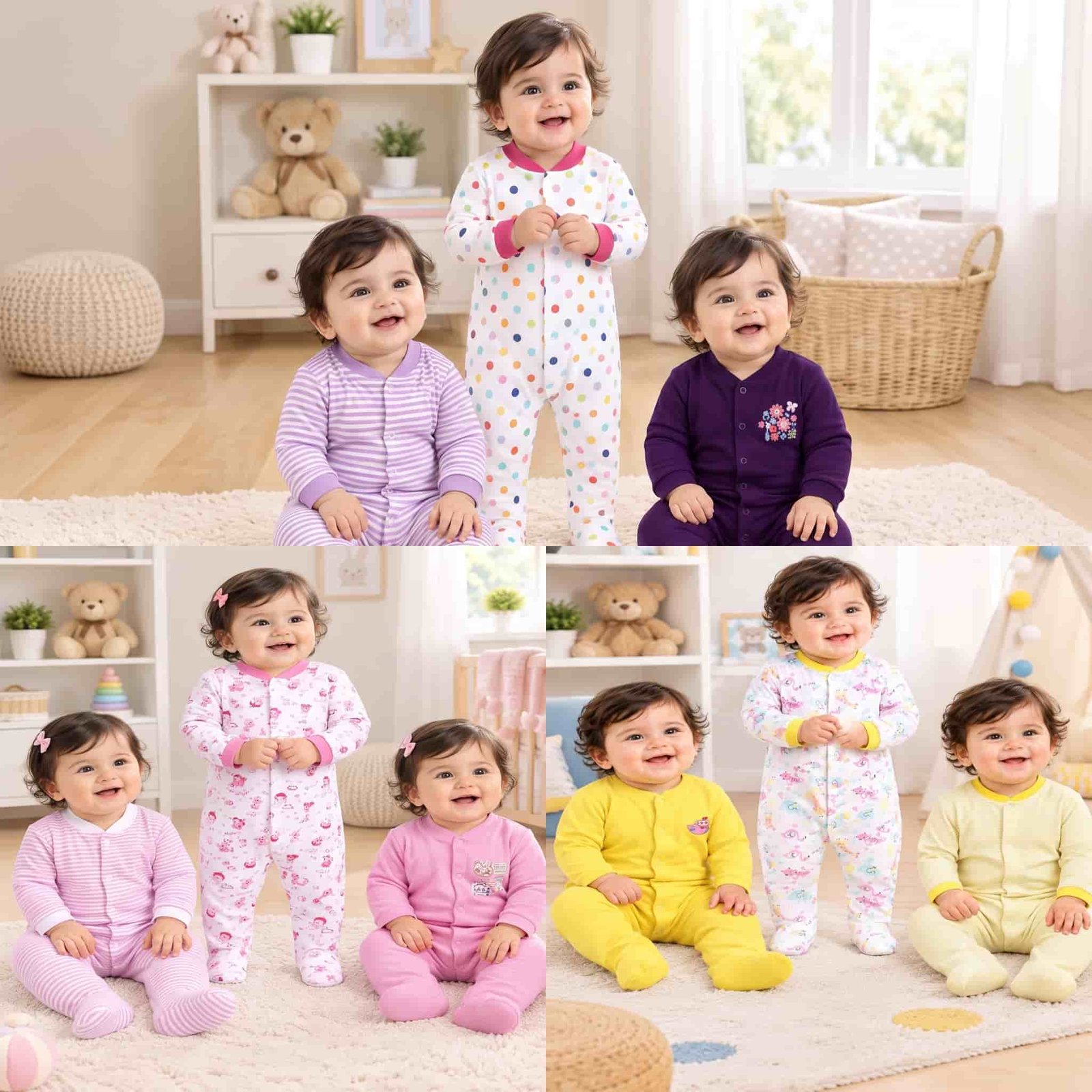 Three smiling babies sitting on a rug wearing the best cotton sleepsuits for newborns in striped, polka dot, and solid patterns.