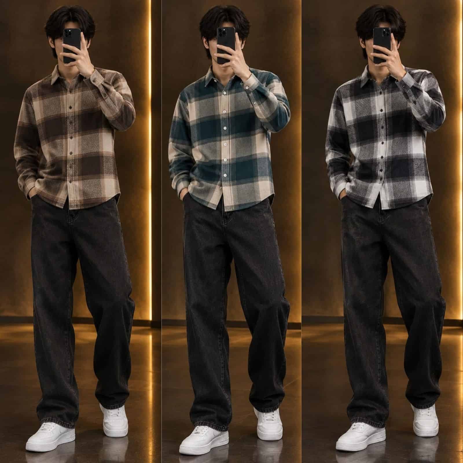 Man wearing a comfortable checkered shirt paired with classic dark stretchable jeans.
