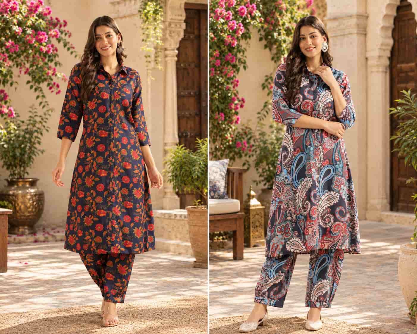 A woman wearing a printed collared kurta set with a vibrant navy, red, and light blue paisley pattern and cuffed ankle pants.
