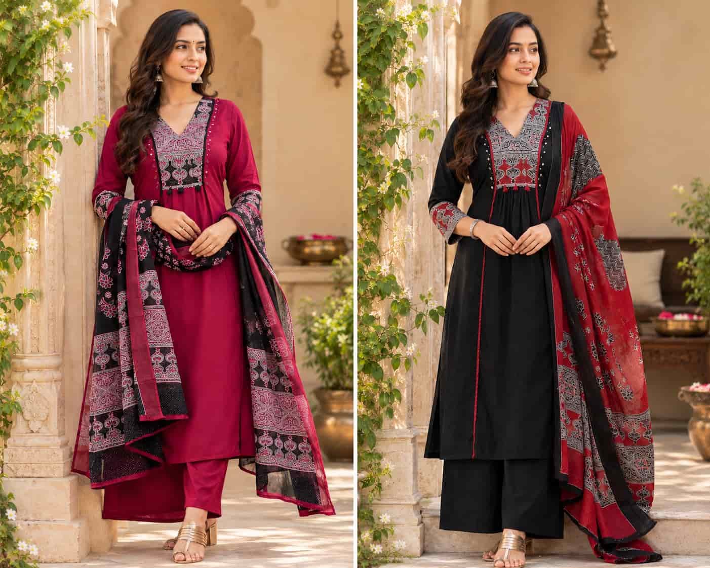 A woman modeling a black V-neck printed kurta set with dupatta featuring red accents and small tassels