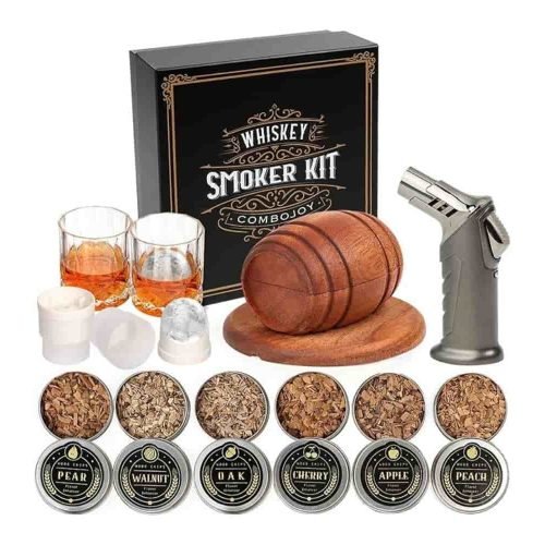 Enhance your drinks with the Whiskey Smoker Kit with Torch and unique wood chips.