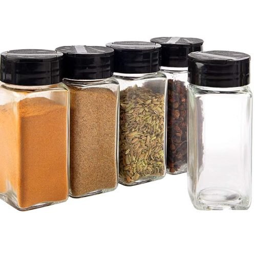 Vasukie glass spice jar set with four 120ml square containers and black sifter caps