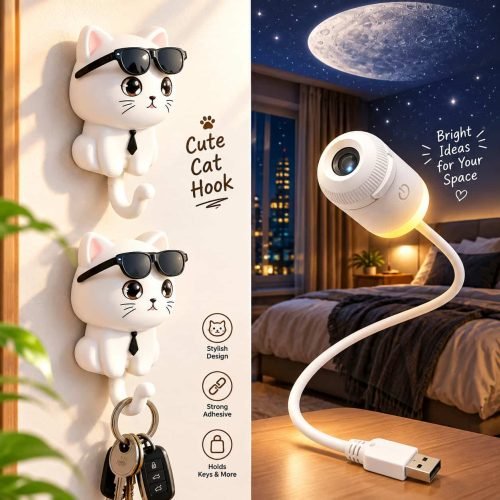 A white USB galaxy projector plugged in and projecting a starry sky and moon onto a dark bedroom ceiling.