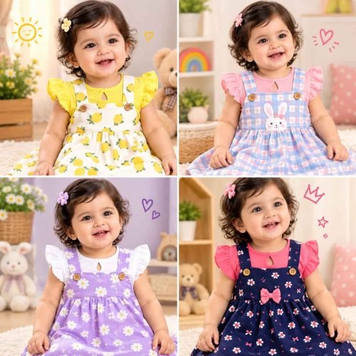 A cute 100% cotton knee length dress for baby girls featuring a sleeveless A-line design and all-over prints.