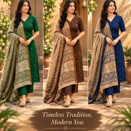 A woman modeling a teal blue 3 piece viscose kurta set with small printed motifs and a matching patterned dupatta.