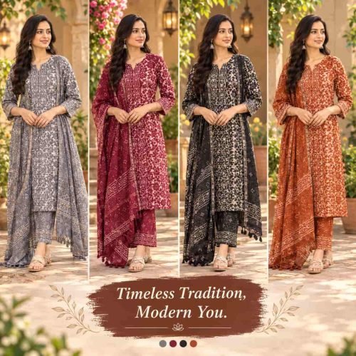 A woman wearing a beautifully printed straight kurta set with matching pants and dupatta.