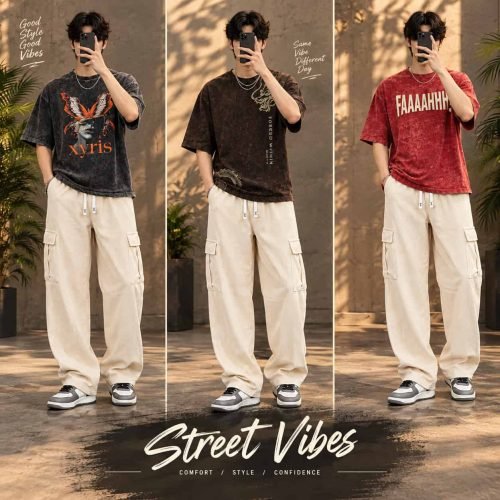 Men's beige ribbed casual cargo joggers with utility pockets.