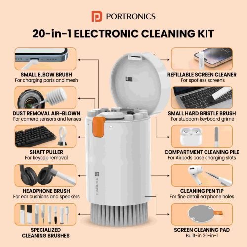 The Portronics 20-in-1 electronic cleaning kit displaying various tools like a keyboard brush, screen cleaner, and earbud cleaning pen.