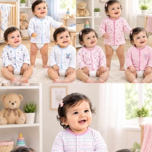 Pack of three pure cotton front open baby t-shirts laid flat