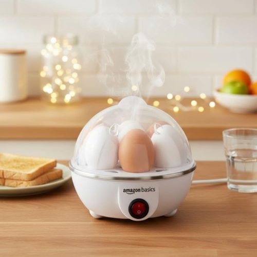 White Amazon Basics electric egg boiler steaming on a wooden kitchen counter with cooked eggs inside