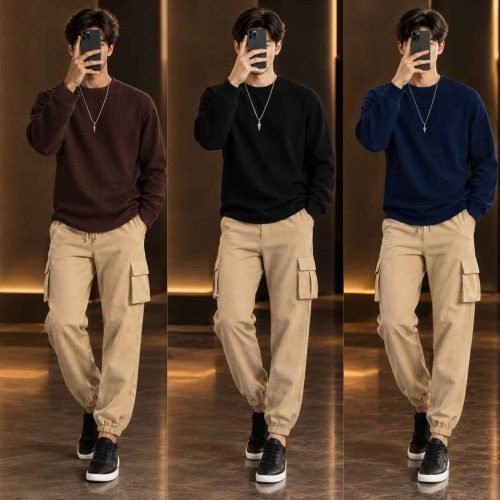 Man wearing a full-sleeve round neck t-shirt paired with casual cotton cargo pants.