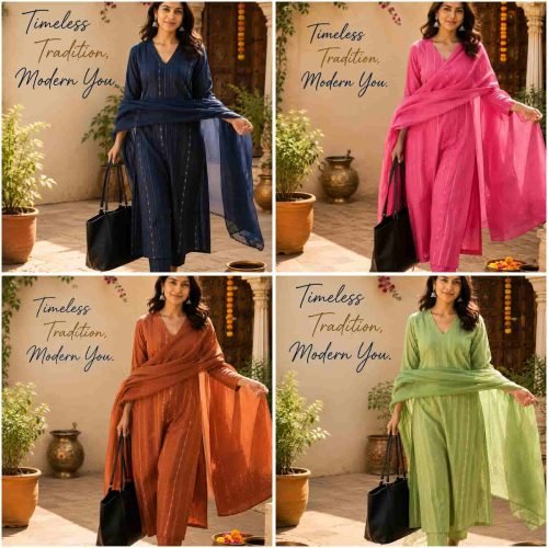 Women modeling a V-neck straight kurta set with dupatta in pink, rust, olive green, navy blue, and maroon colours
